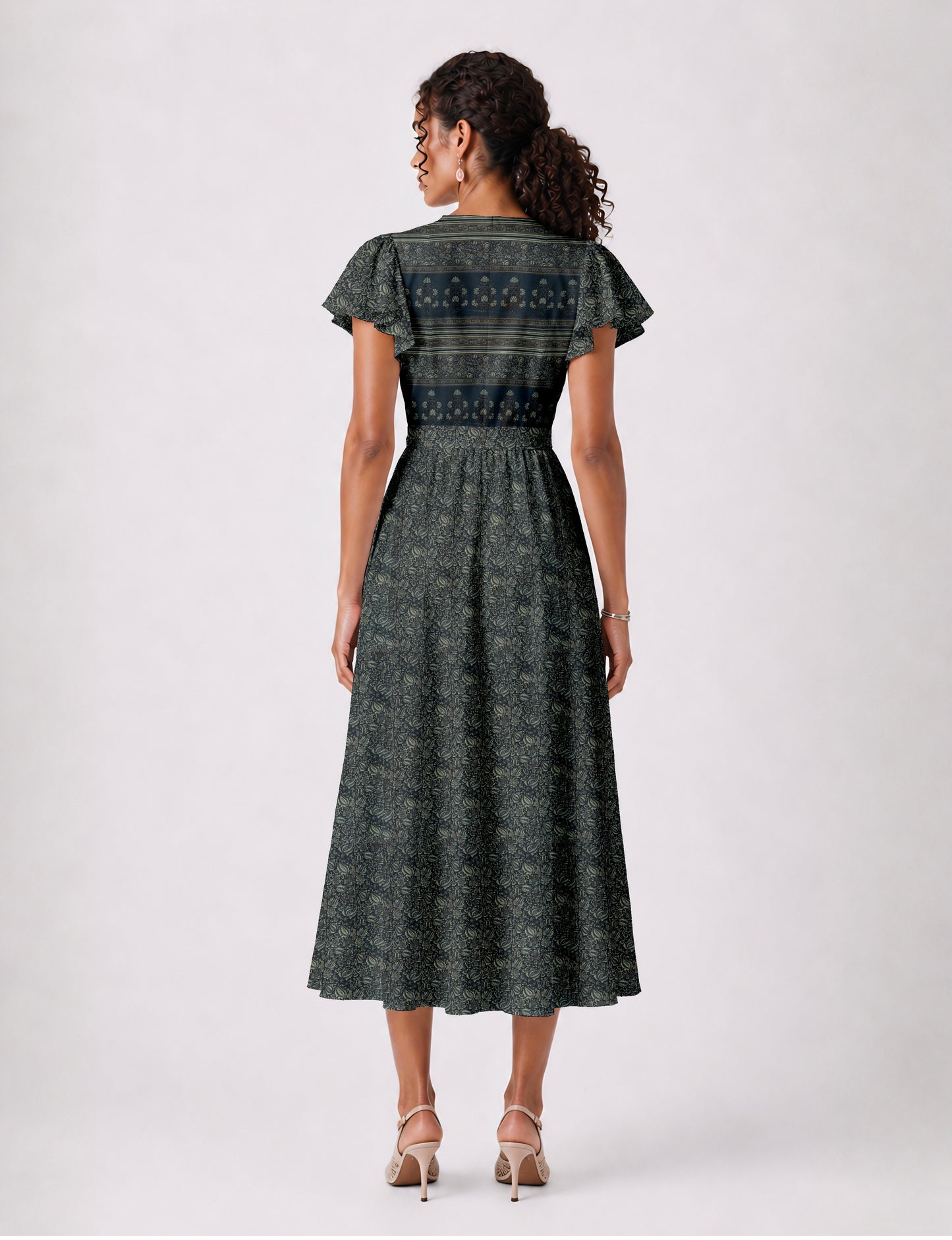 Midi wrap dress with V-neckline, fitted bodice, tie waist, and flared mid-calf skirt