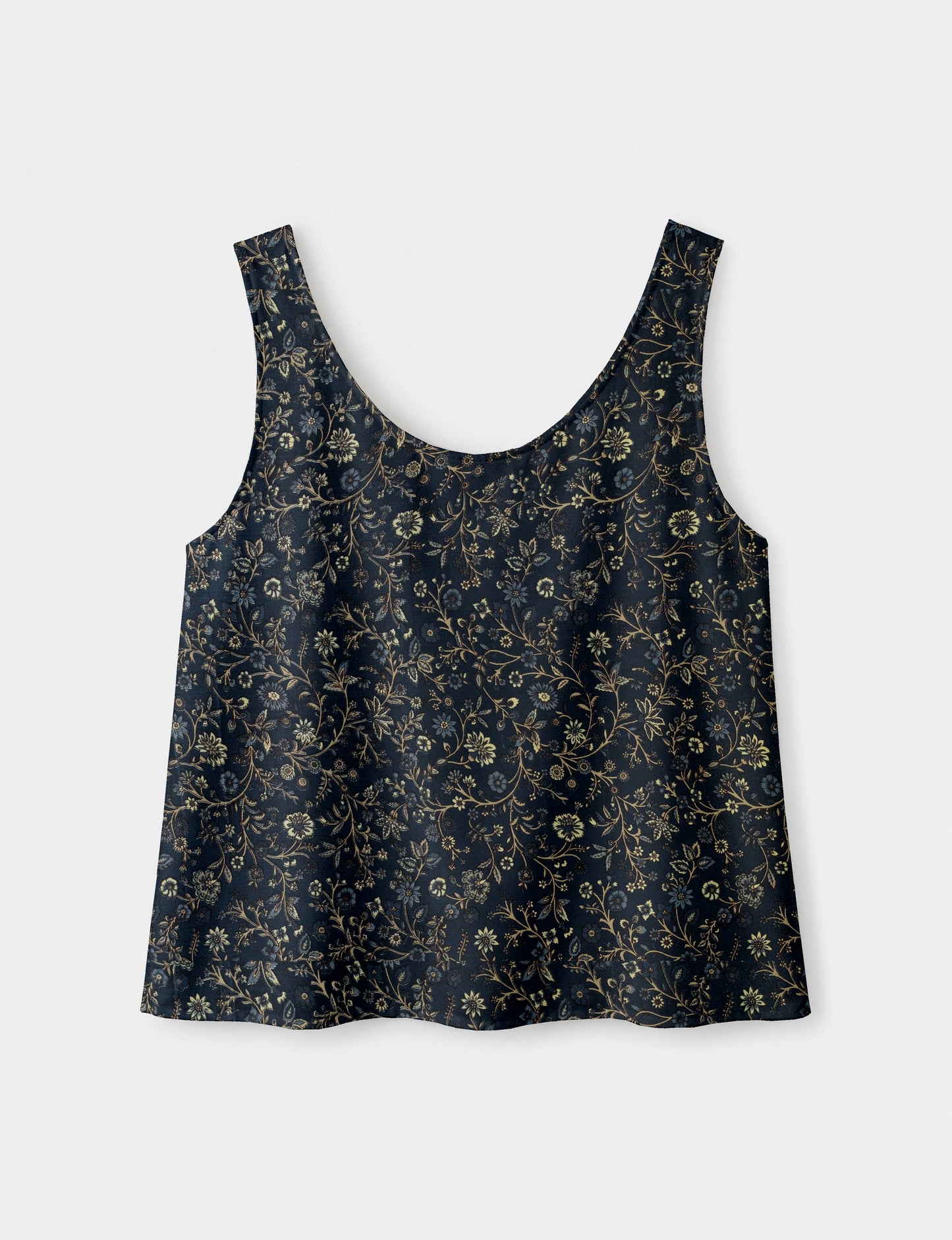 Women's sleeveless blouse with a relaxed straight fit, wide scoop neckline, deep scoop back, and hip-length silhouette.
