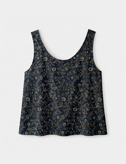 Women's sleeveless blouse with a relaxed straight fit, wide scoop neckline, deep scoop back, and hip-length silhouette.