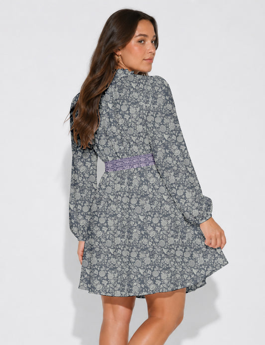 Swing dress with belt - Grey Floral