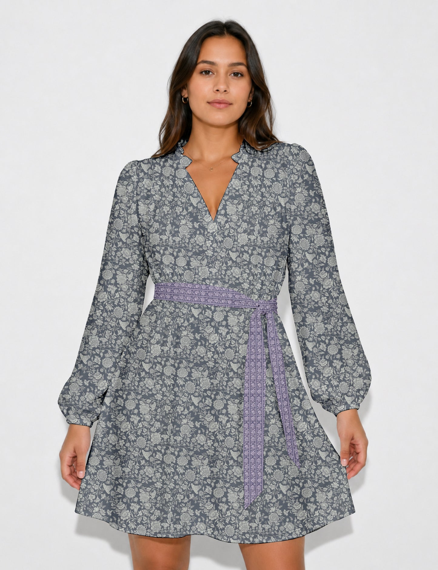 Swing dress with belt - Grey Floral