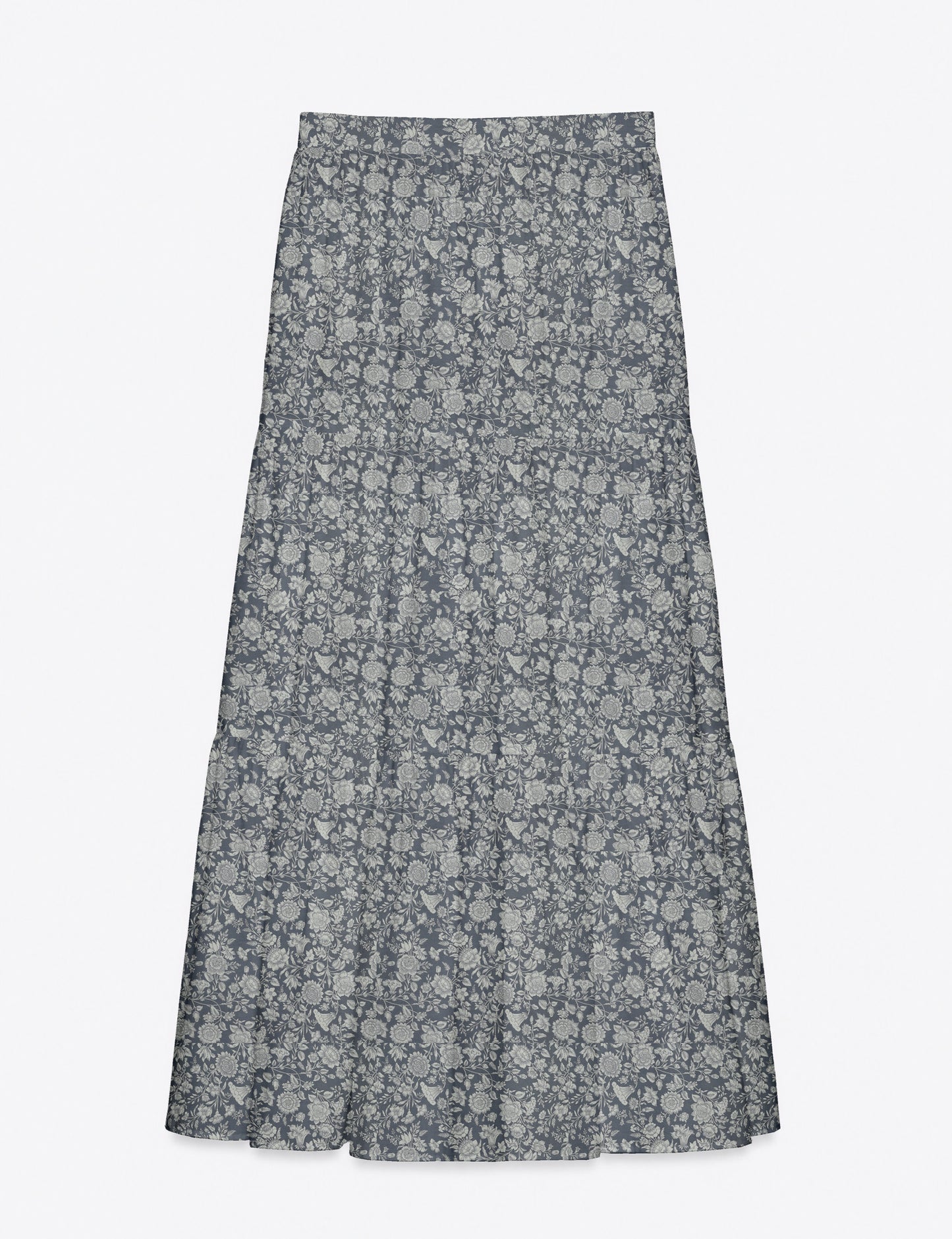 Yellow midi tiered skirt with small dark geometric micro pattern, flat lay front view