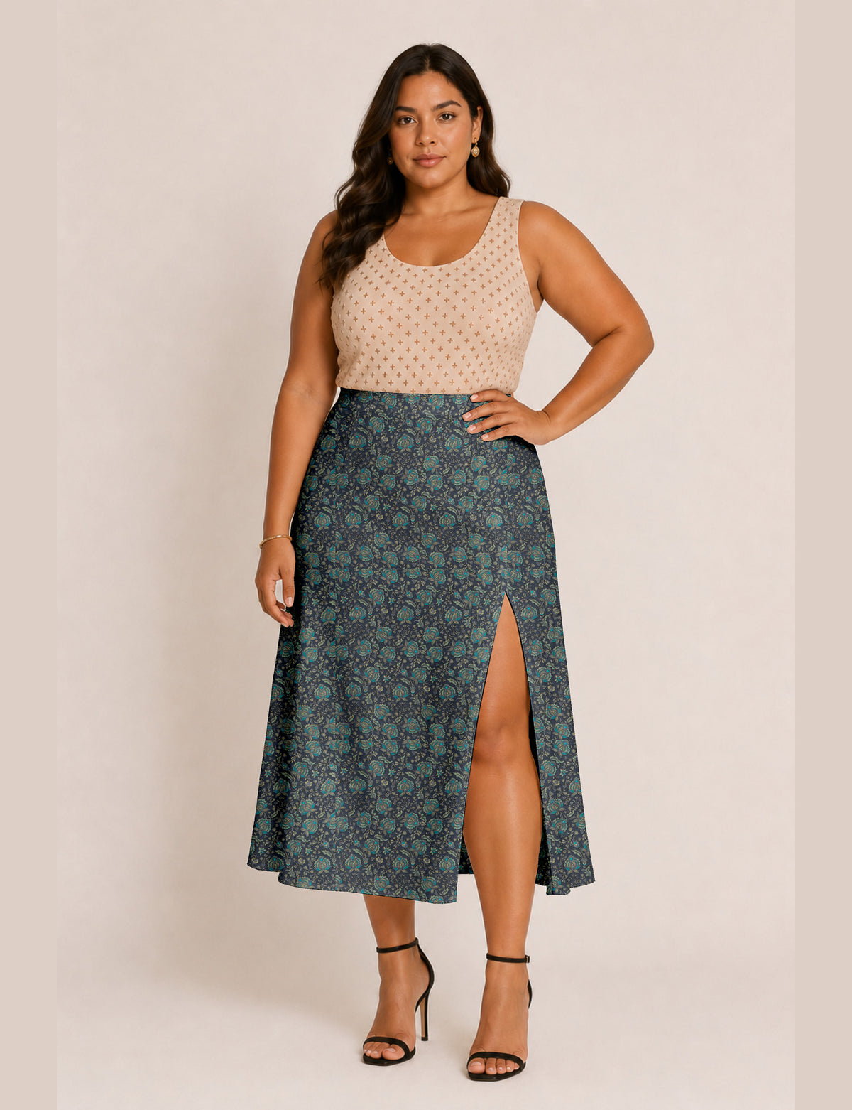 A line skirt with slit - Grey Floral