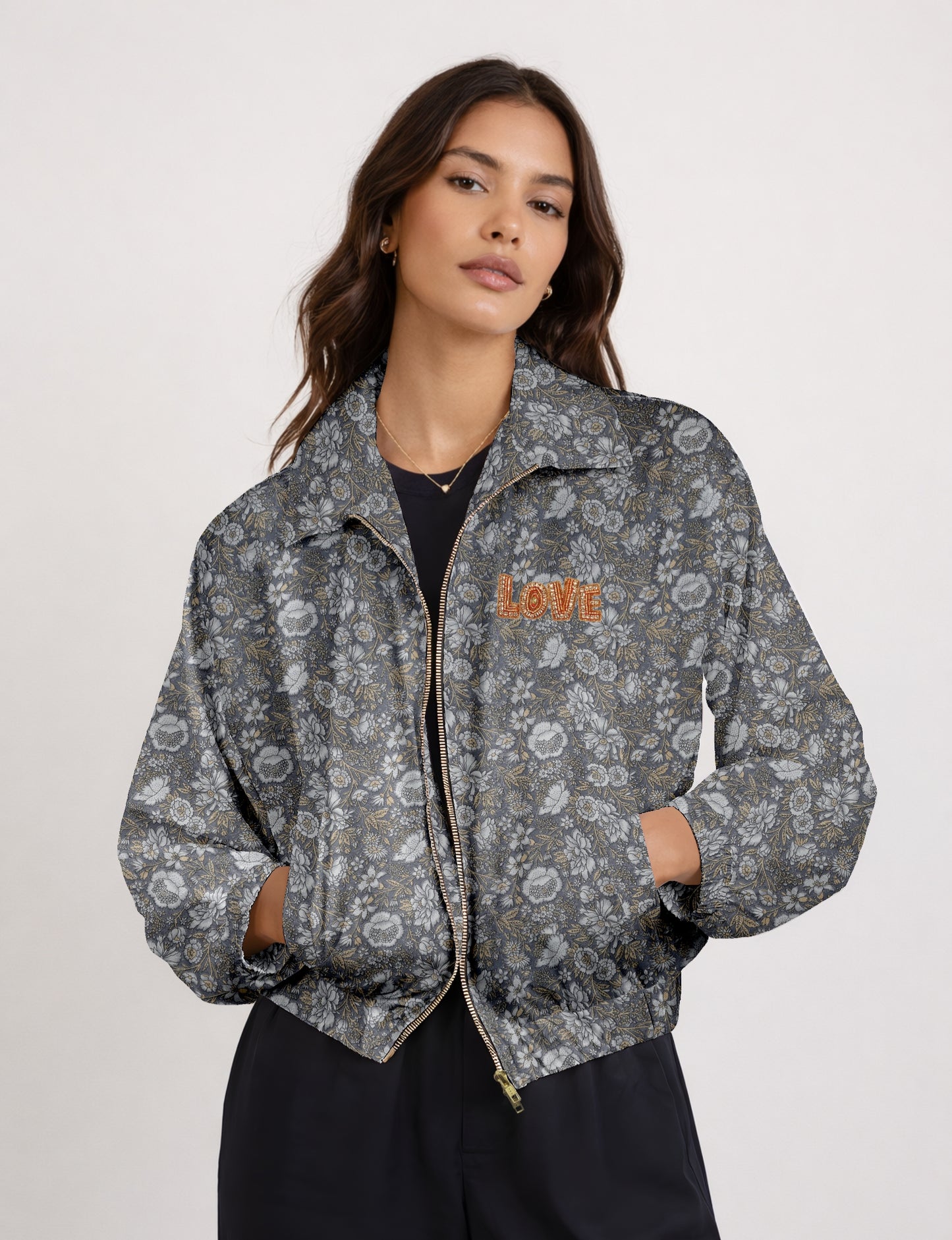 Love Bomber Jacket made from recycled fabric, featuring hand-stitched Aari embroidery. A unique piece of zero-waste clothing, part of the circular fashion movement. Designed with upcycled materials for a stylish yet environmentally friendly clothing choice.