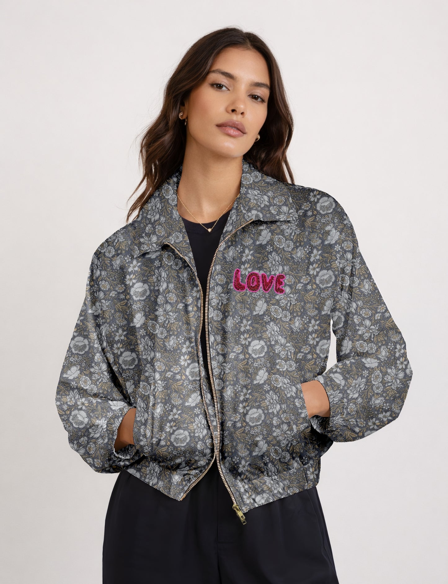 Love Bomber Jacket made from recycled fabric, featuring hand-stitched Aari embroidery. A unique piece of zero-waste clothing, part of the circular fashion movement. Designed with upcycled materials for a stylish yet environmentally friendly clothing choice.