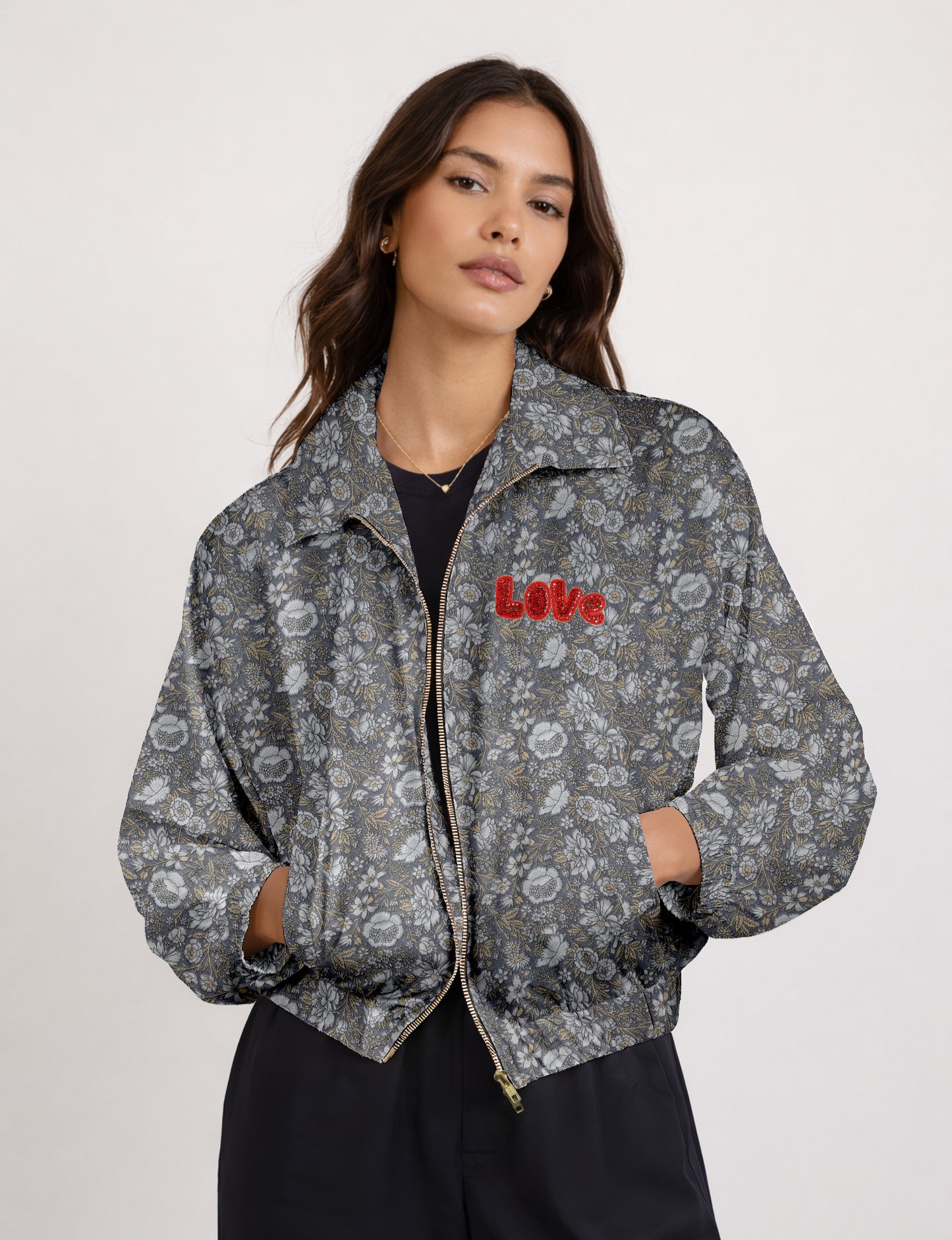 Love Bomber Jacket made from recycled fabric, featuring hand-stitched Aari embroidery. A unique piece of zero-waste clothing, part of the circular fashion movement. Designed with upcycled materials for a stylish yet environmentally friendly clothing choice.
