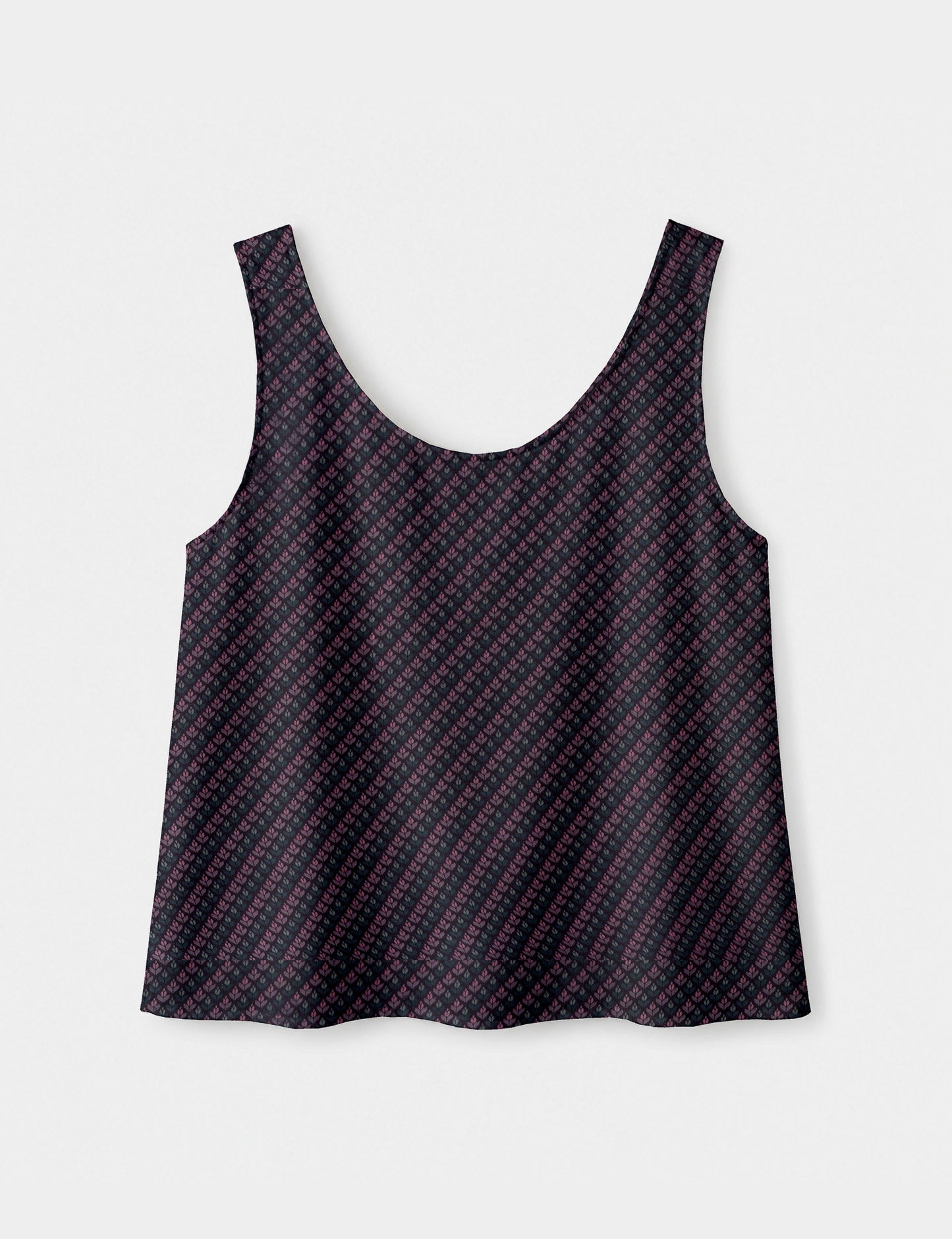 Women's sleeveless blouse with a relaxed straight fit, wide scoop neckline, deep scoop back, and hip-length silhouette.