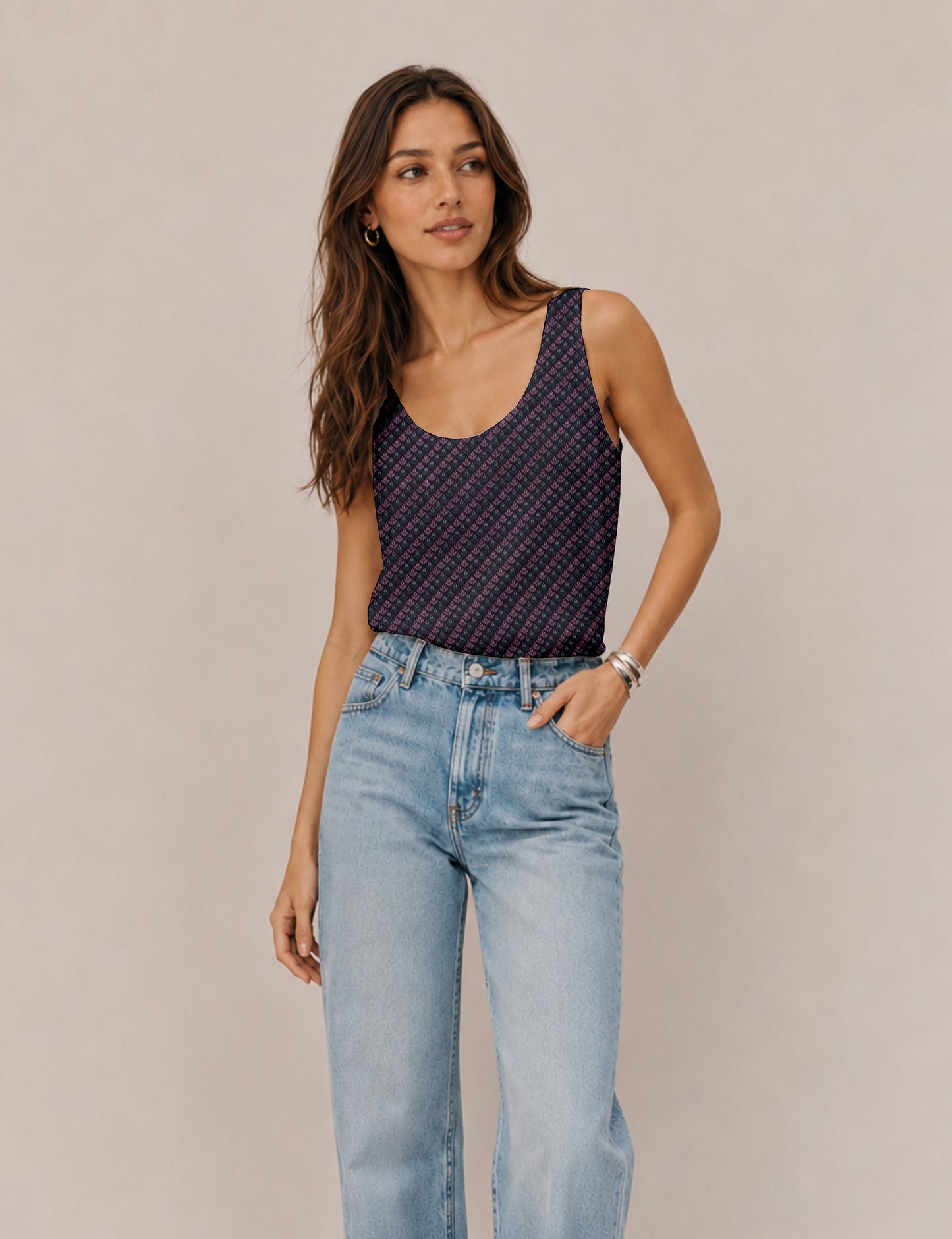 Women's sleeveless blouse with a relaxed straight fit, wide scoop neckline, deep scoop back, and hip-length silhouette.