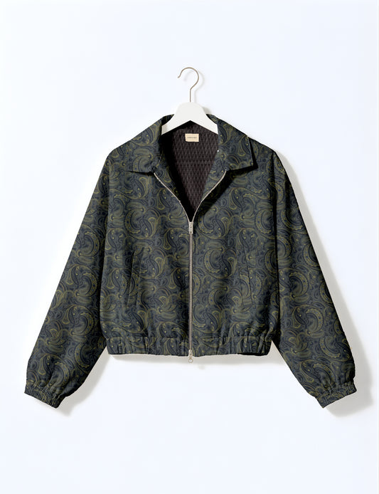 Yellow bomber jacket with micro geometric pattern, silver front zipper, elastic cuffs, and blue floral inner lining, hanging