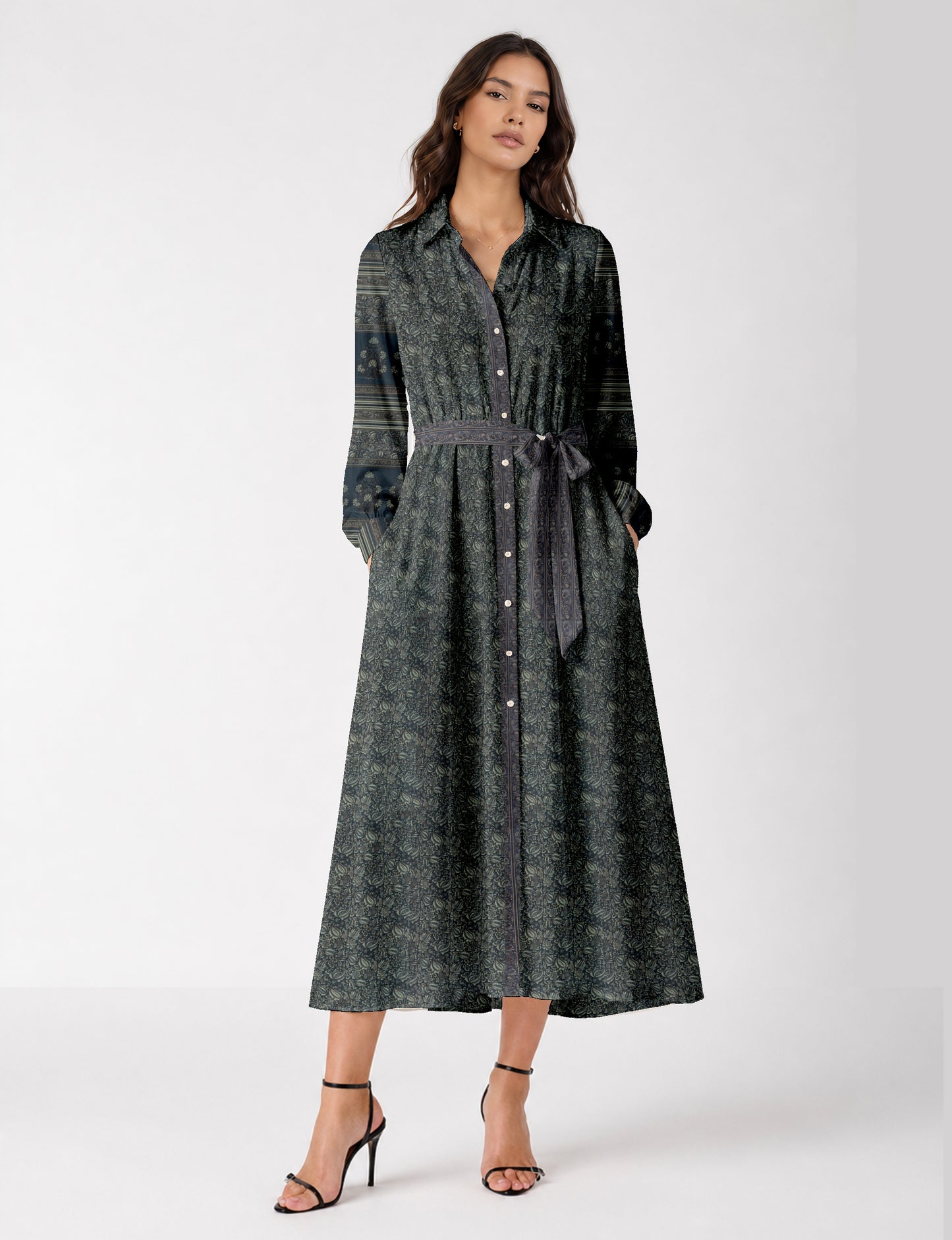 Long shirt dress side view highlighting flared silhouette