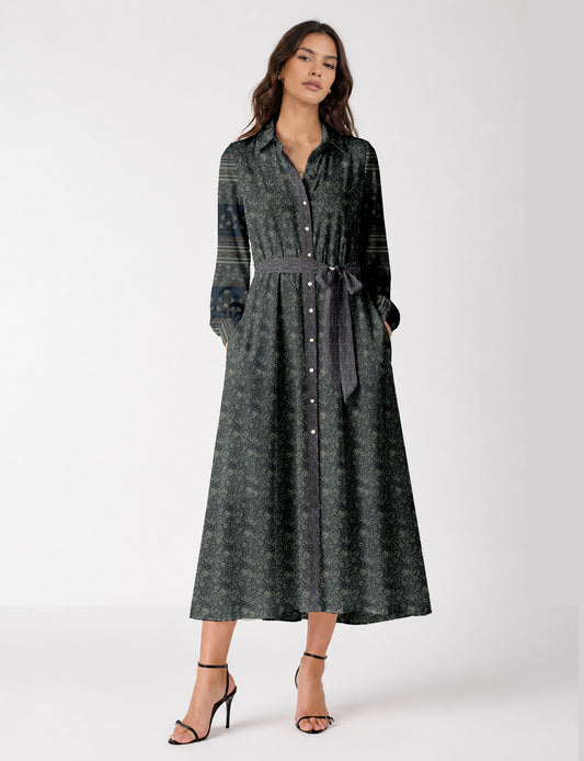 Long shirt dress side view highlighting flared silhouette