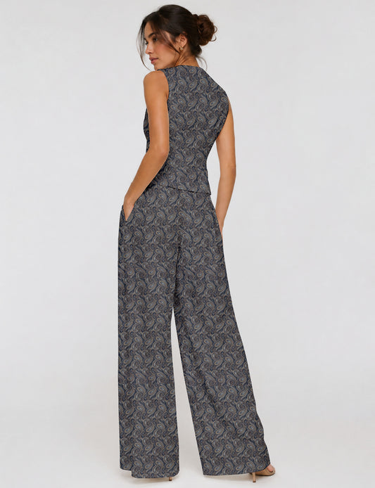 Women's tailored waistcoat set with a sleeveless V-neck button-front waistcoat and high-rise wide leg trousers in a coordinated matching outfit.