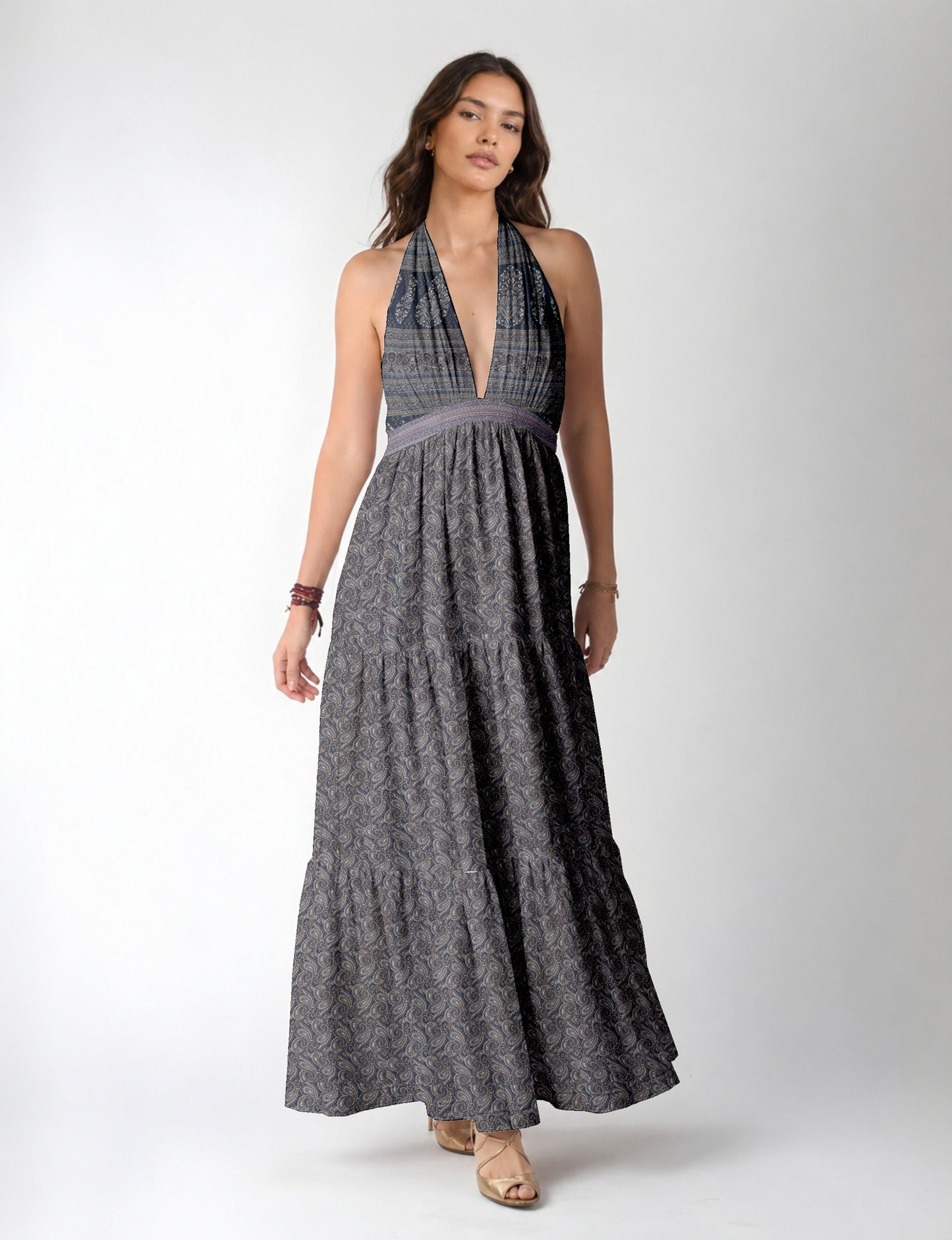 Maxi tiered dress by I was a Sari with halter neckline and flowy silhouette