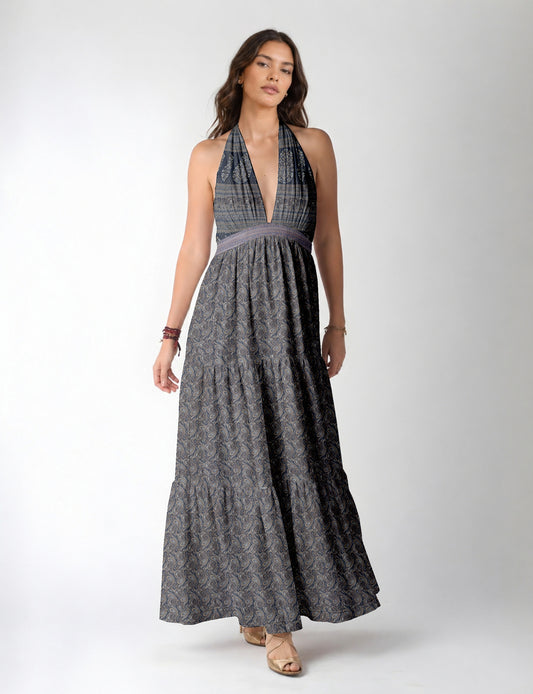 Maxi tiered dress by I was a Sari with halter neckline and flowy silhouette