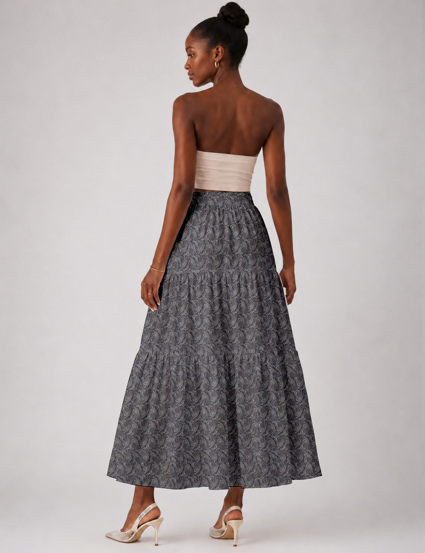 Midi Tiered Skirt - Grey Paisley