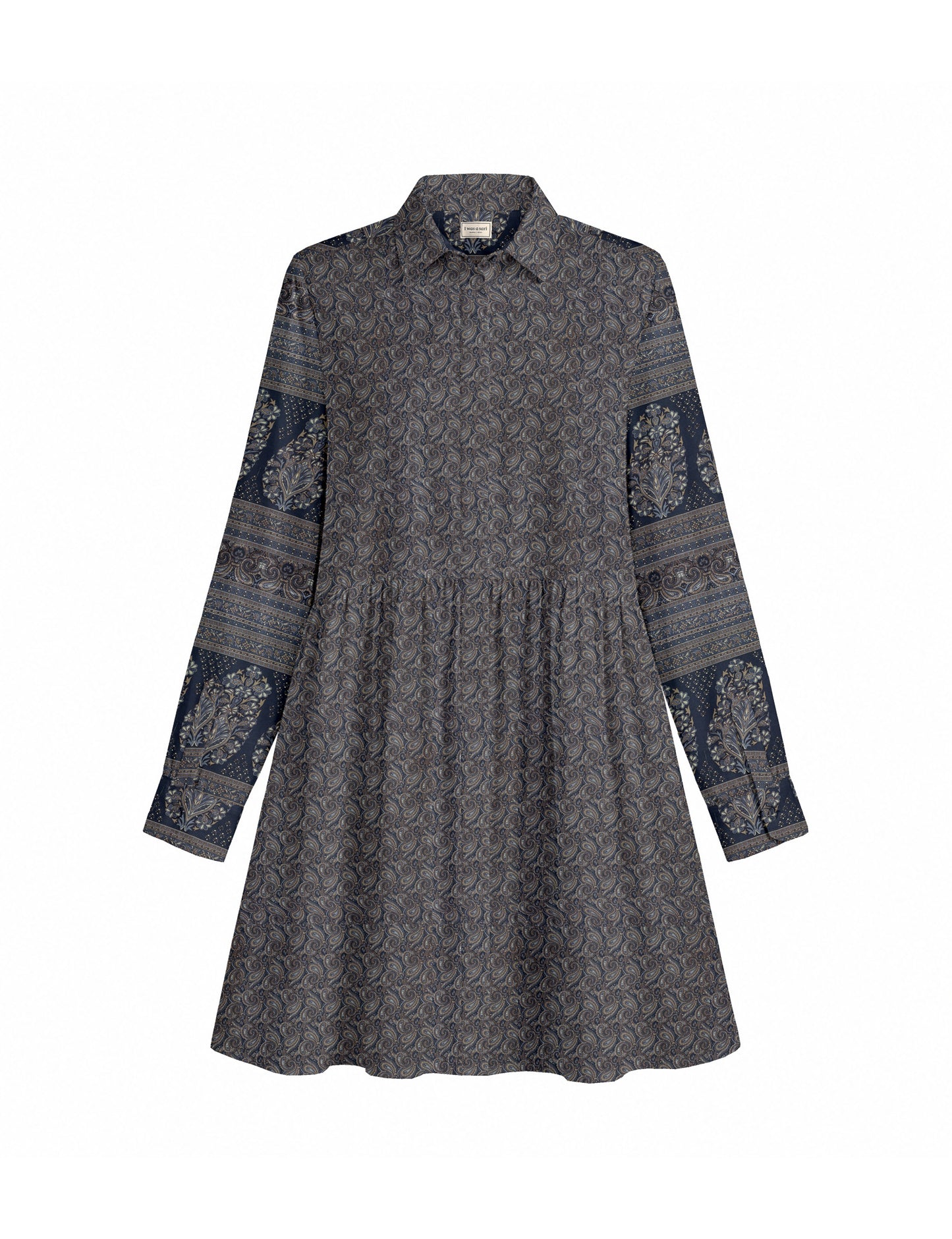 Short shirt dress with a relaxed A-line silhouette, point collar, partial button placket, gathered waist, side pockets, and full-length cuffed sleeves.