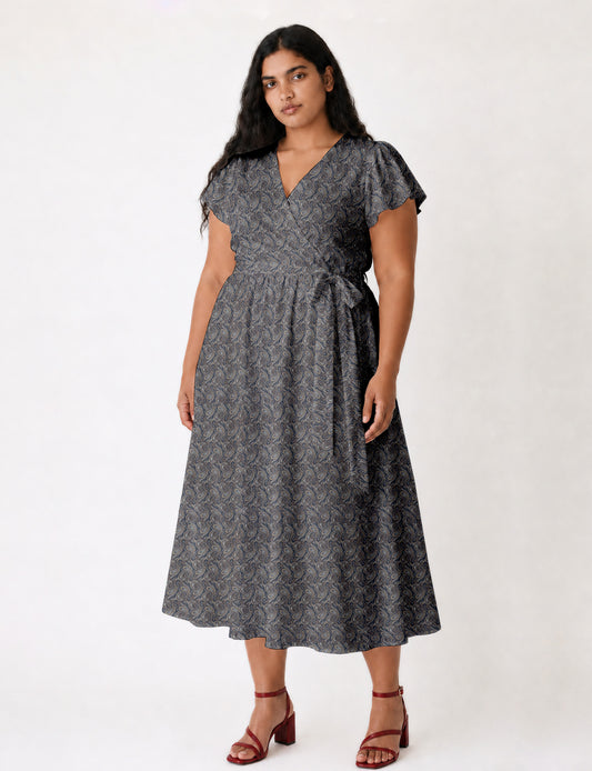 Elegant midi wrap dress with a V-neckline, adjustable waist tie, fitted bodice, and flared skirt for a timeless, flattering silhouette.