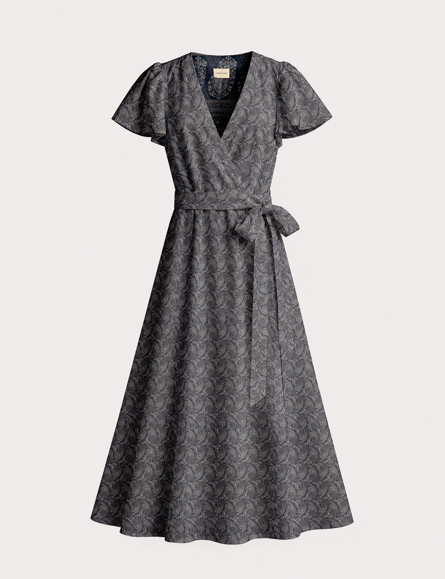 Elegant midi wrap dress with a V-neckline, adjustable waist tie, fitted bodice, and flared skirt for a timeless, flattering silhouette.