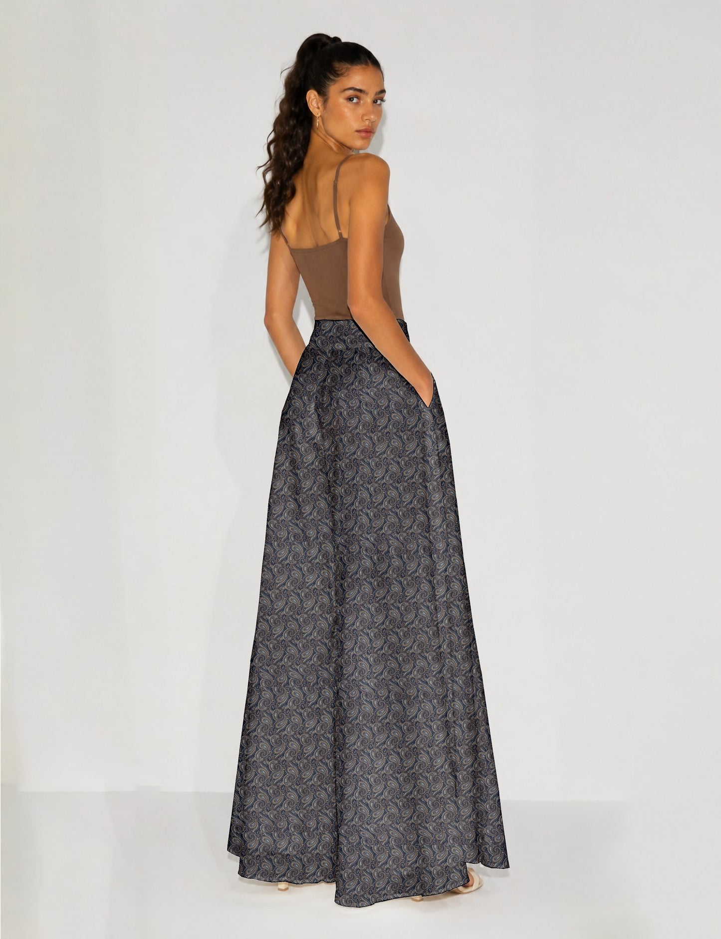 Wide Leg Palazzo Trousers - Grey Paisley