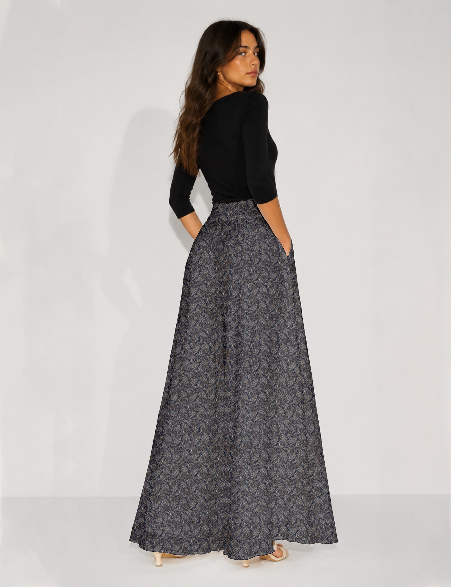 Wide Leg Palazzo Trousers - Grey Paisley