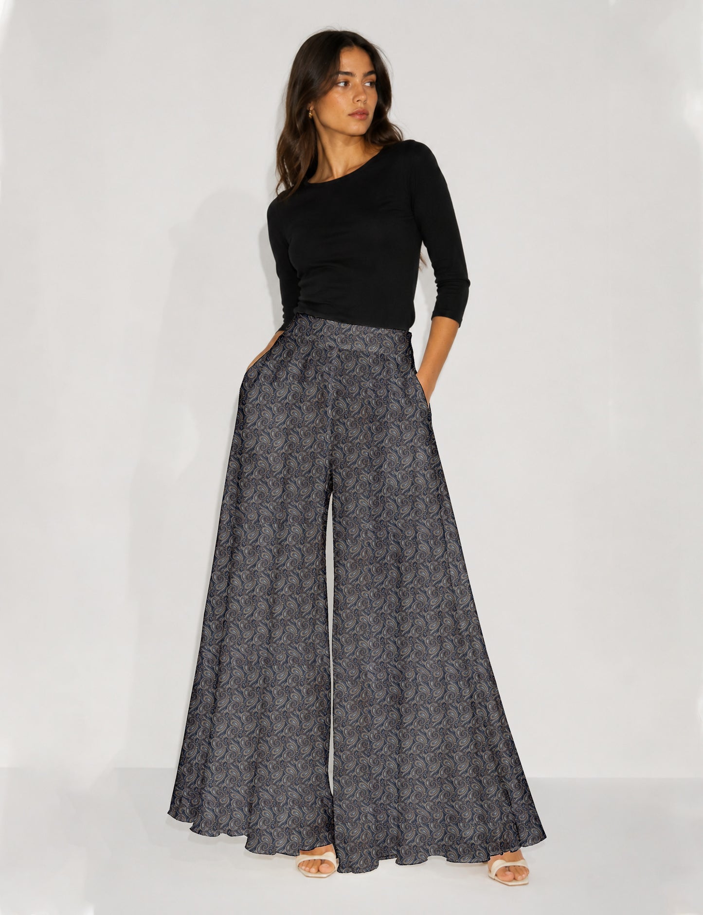 Wide Leg Palazzo Trousers - Grey Paisley