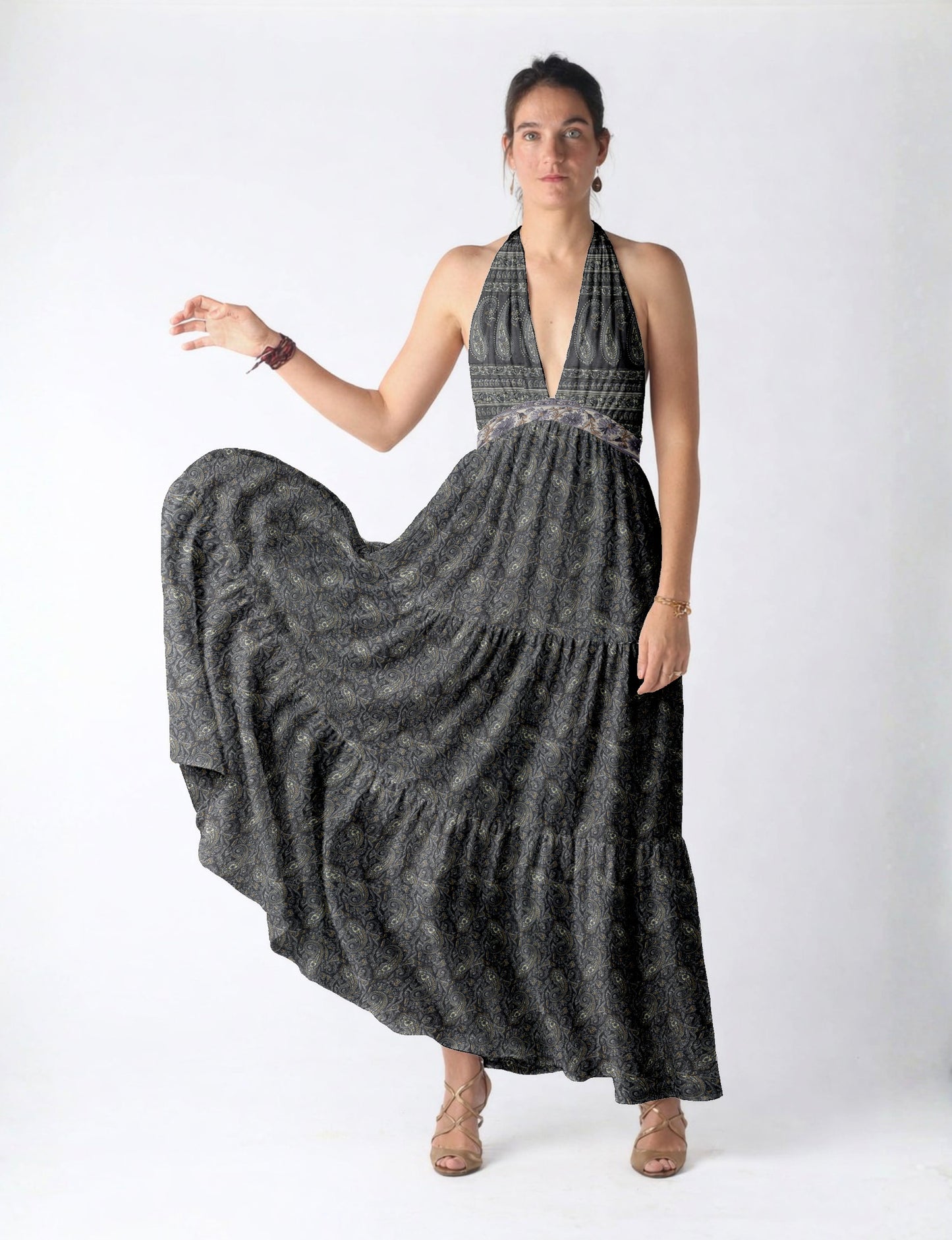 Maxi tiered dress by I was a Sari with halter neckline and flowy silhouette