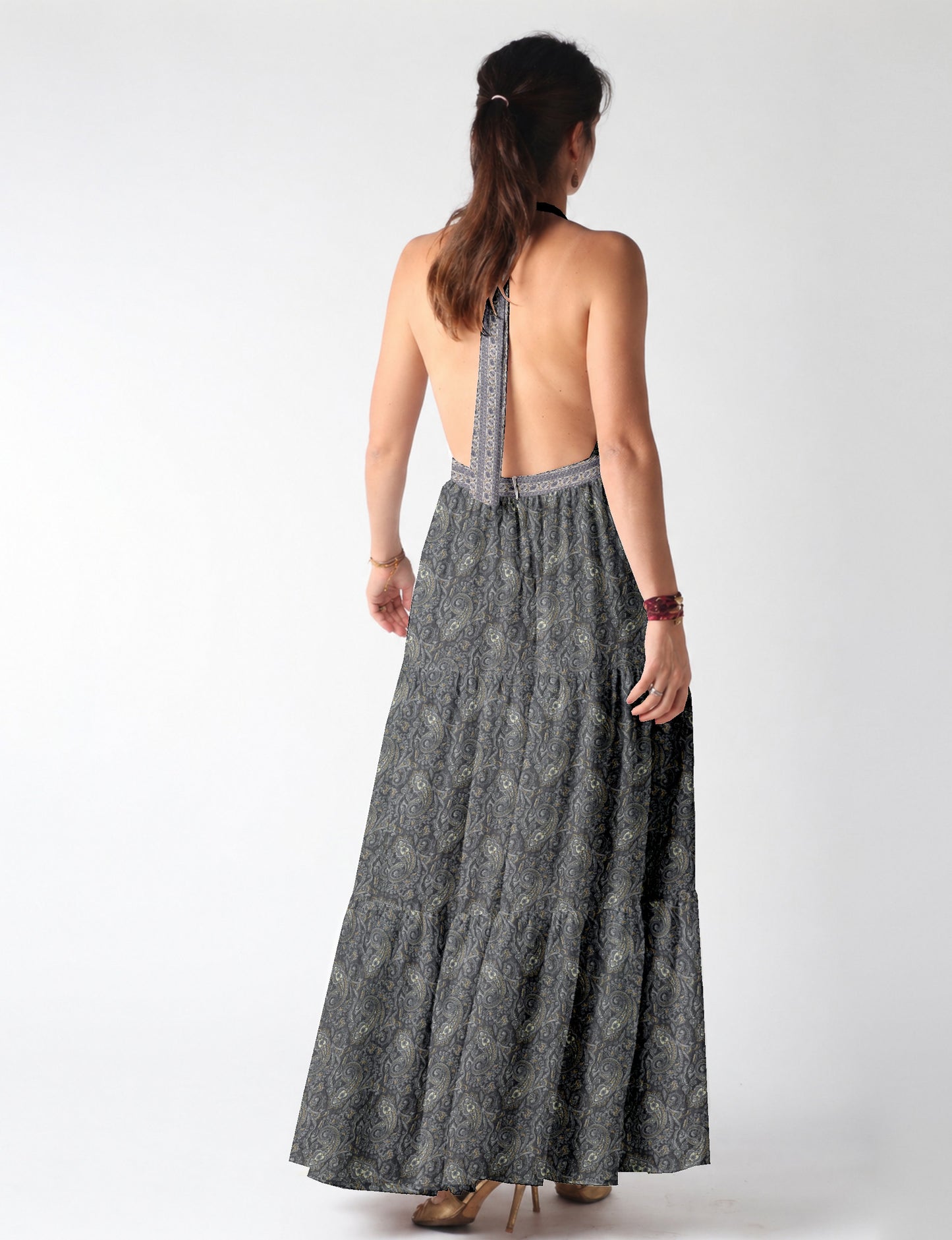Halter neck maxi dress with tiered layers and elasticated back