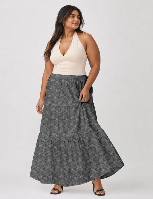Midi Tiered Skirt - Grey Paisley