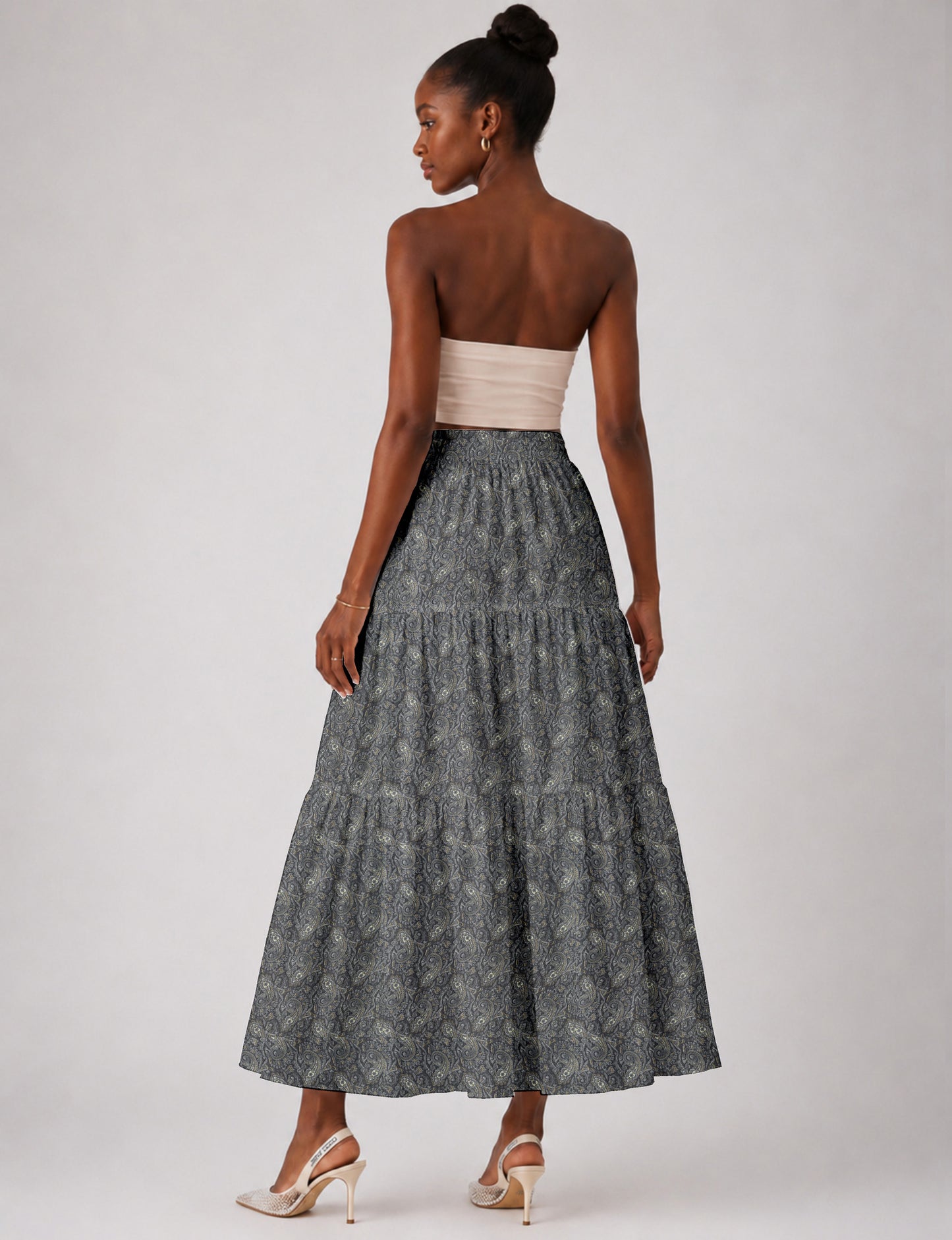 Midi Tiered Skirt - Grey Paisley