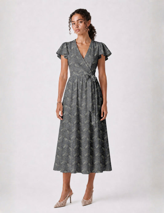 Elegant midi wrap dress with a V-neckline, adjustable waist tie, fitted bodice, and flared skirt for a timeless, flattering silhouette.