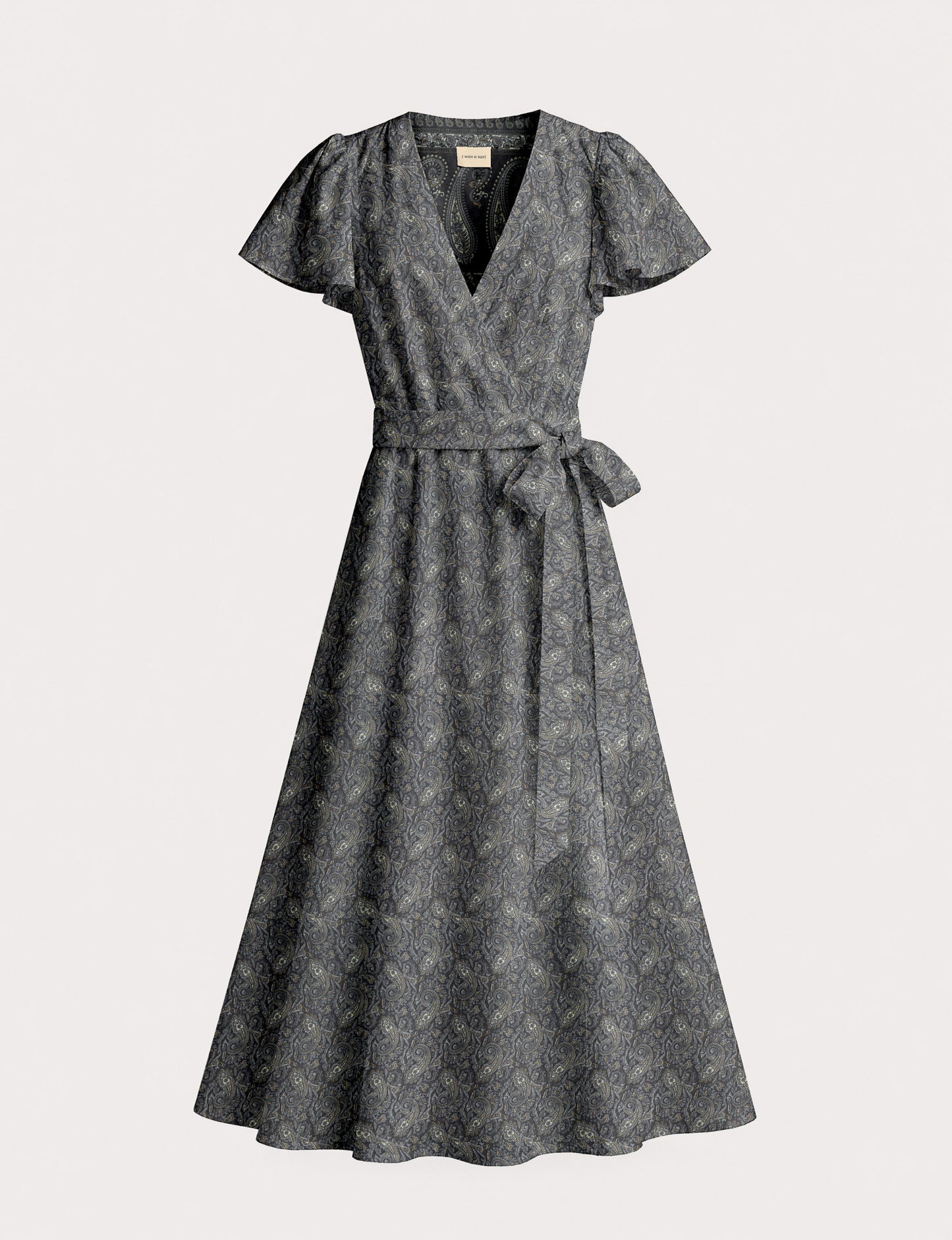 Elegant midi wrap dress with a V-neckline, adjustable waist tie, fitted bodice, and flared skirt for a timeless, flattering silhouette.