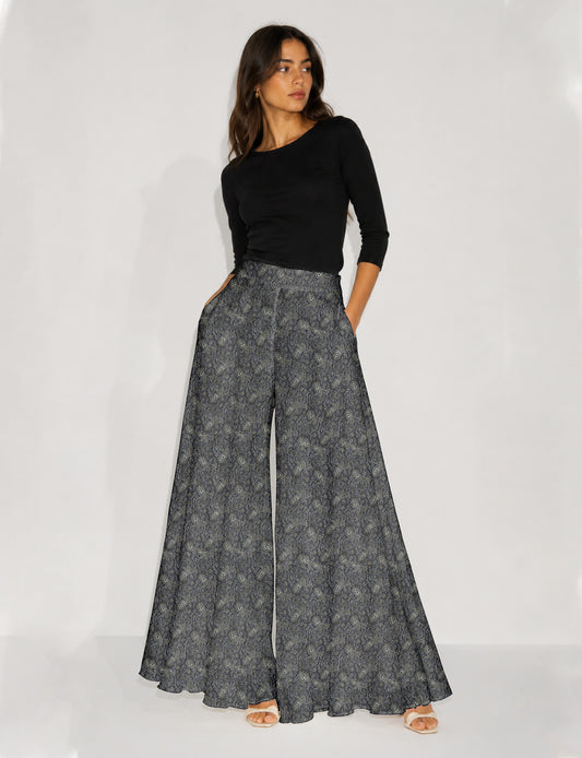 Wide Leg Palazzo Trousers - Grey Paisley