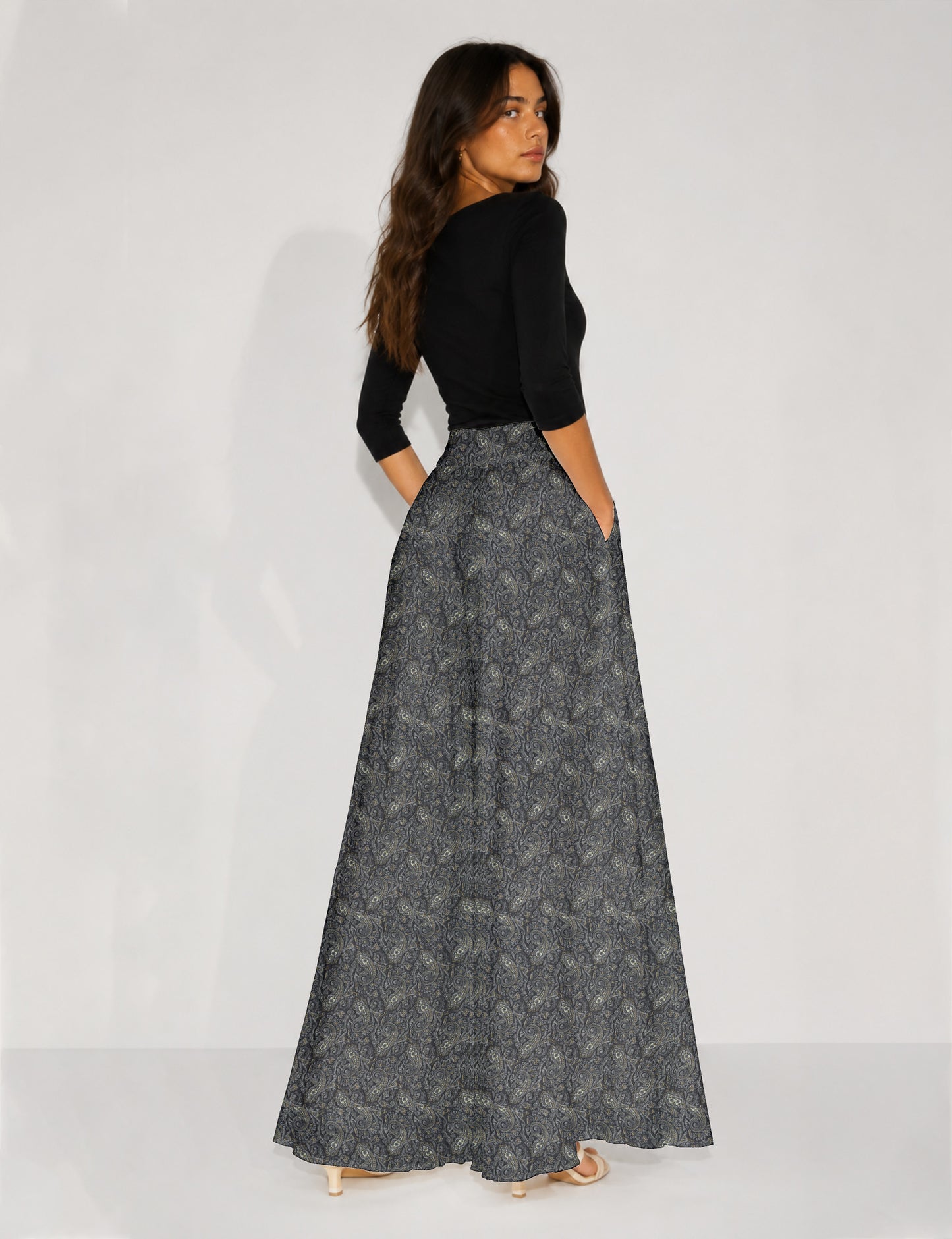Wide Leg Palazzo Trousers - Grey Paisley