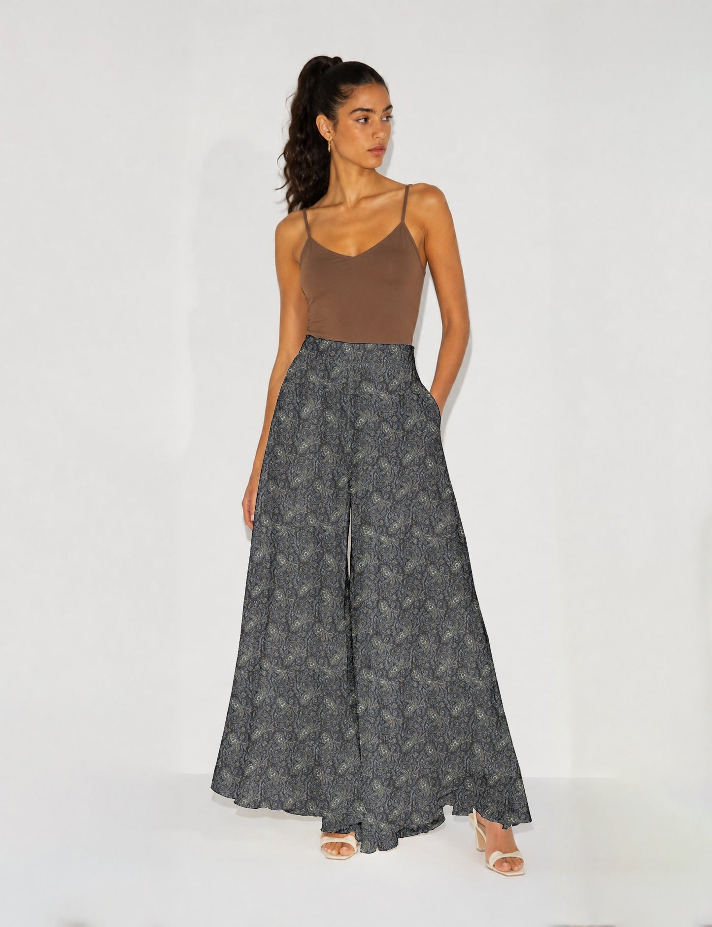 Wide Leg Palazzo Trousers - Grey Paisley