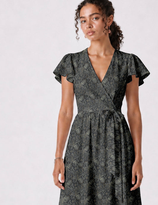 Midi wrap dress with V-neckline, fitted bodice, tie waist, and flared mid-calf skirt
