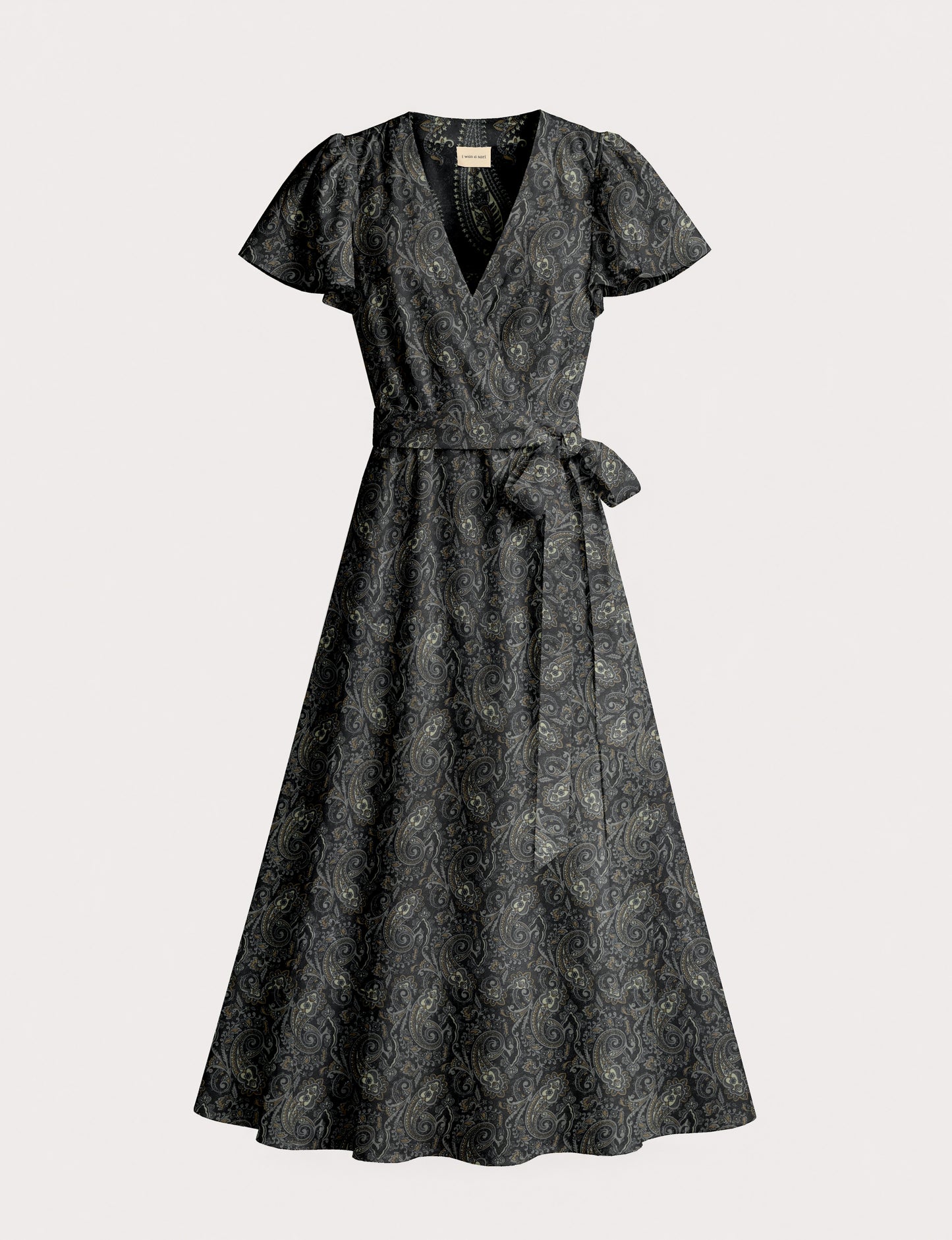 Midi wrap dress with V-neckline, fitted bodice, tie waist, and flared mid-calf skirt
