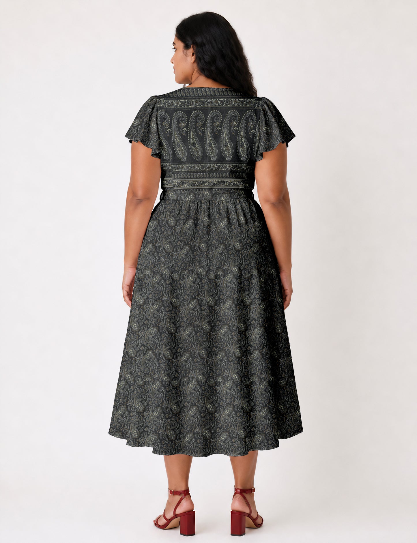 Midi wrap dress with V-neckline, fitted bodice, tie waist, and flared mid-calf skirt