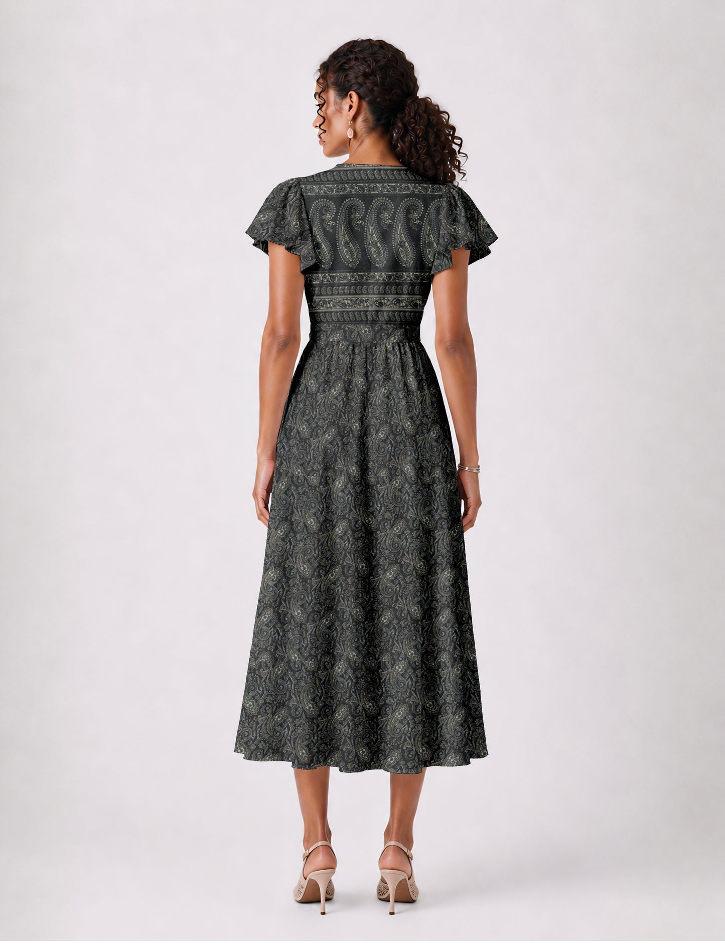 Midi wrap dress with V-neckline, fitted bodice, tie waist, and flared mid-calf skirt