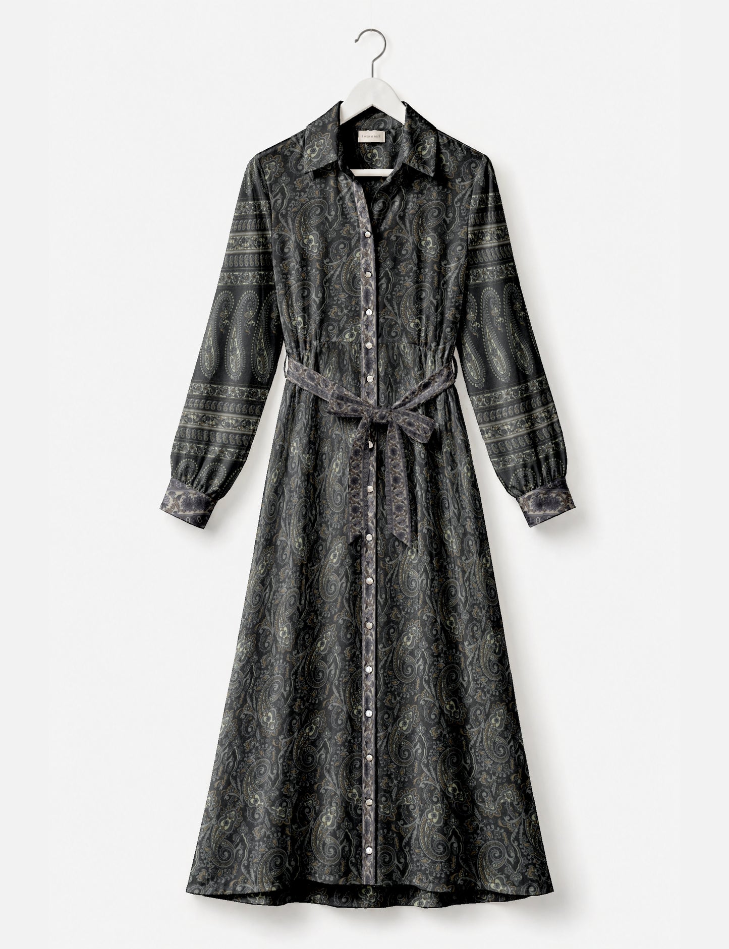 Long shirt dress side view highlighting flared silhouette