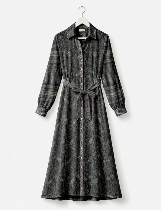 Long shirt dress side view highlighting flared silhouette