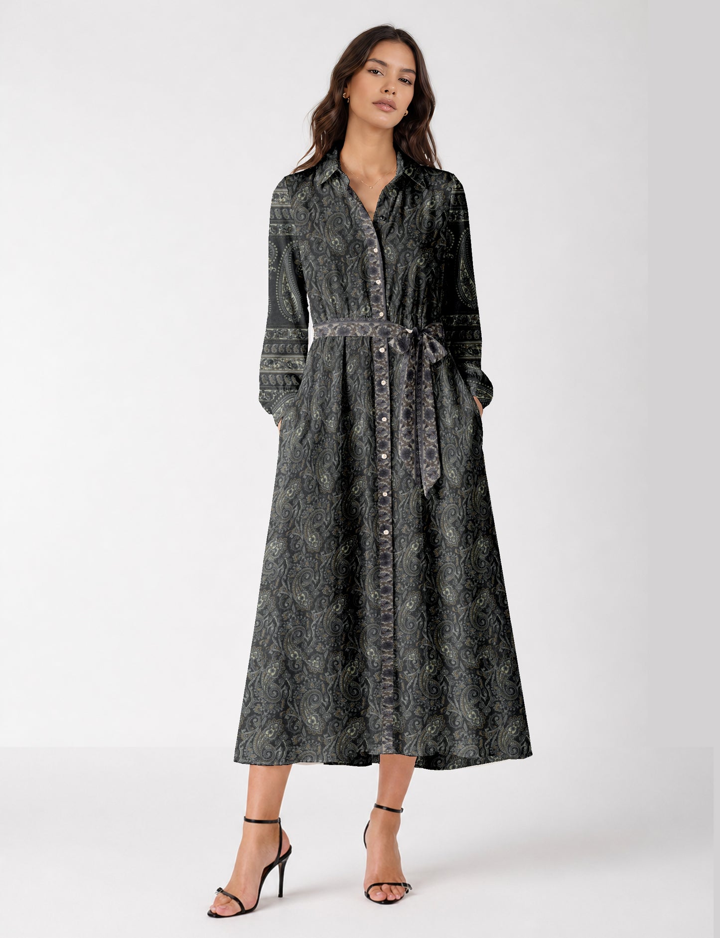 Long shirt dress by I was a Sari with A-line silhouette and tie belt