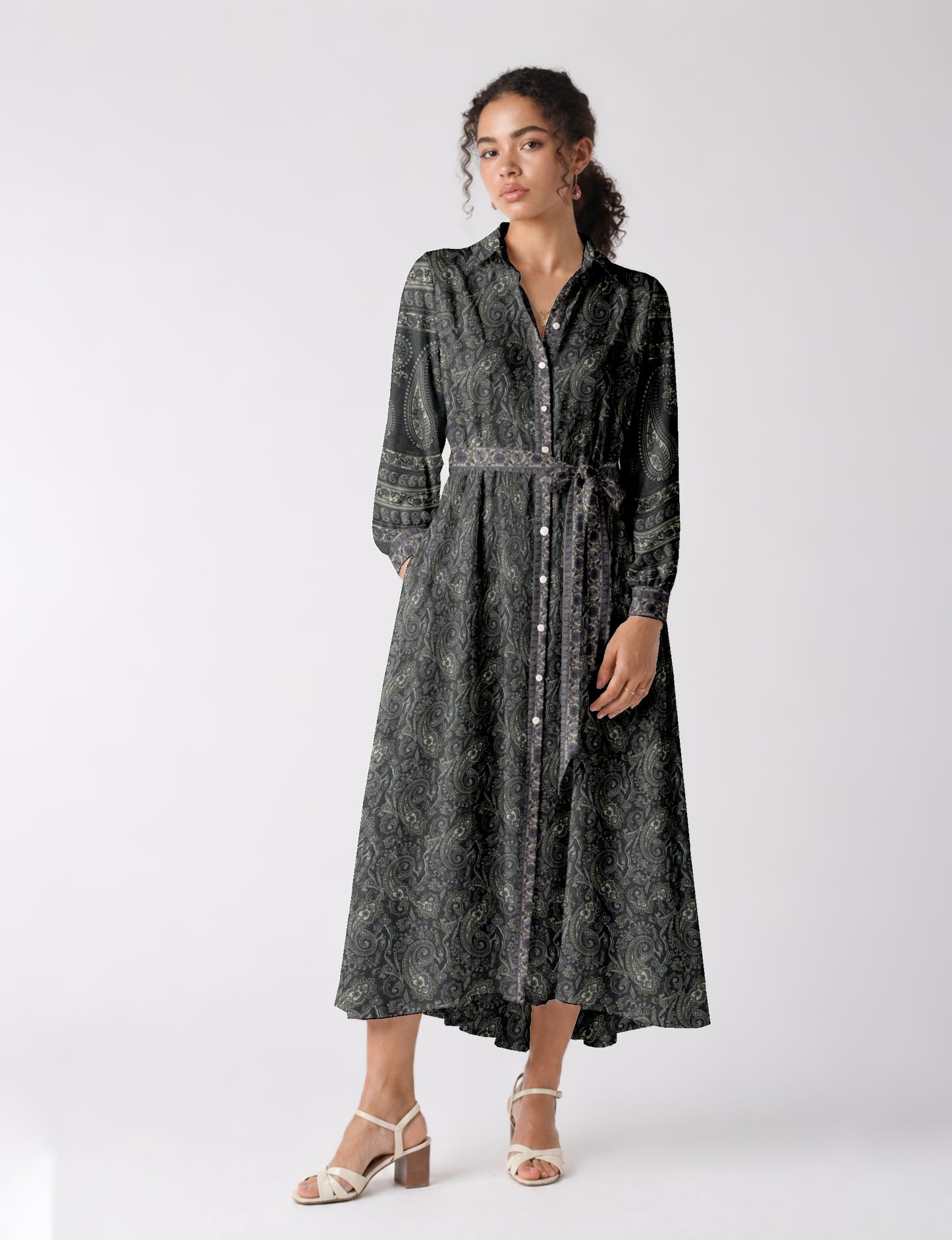Long shirt dress by I was a Sari with A-line silhouette and tie belt