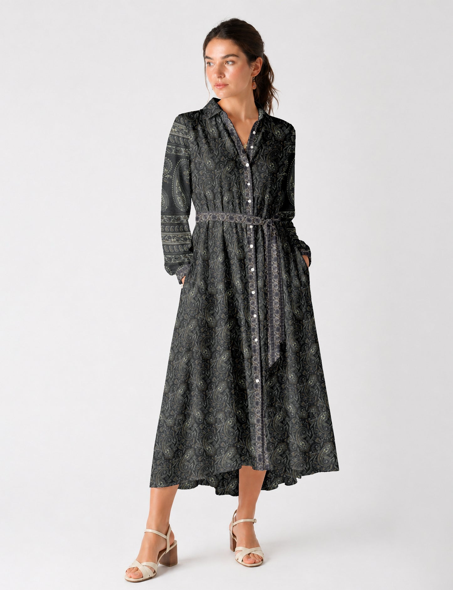 Long shirt dress by I was a Sari with A-line silhouette and tie belt