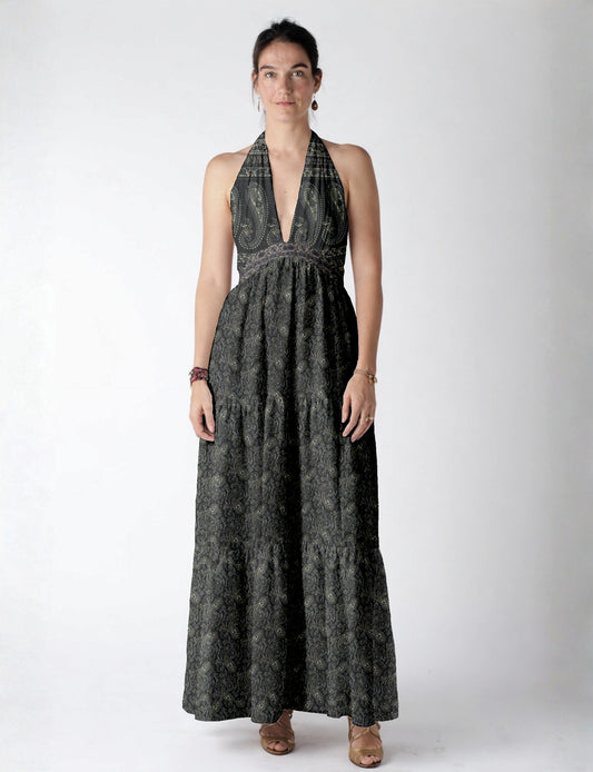 Maxi tiered dress by I was a Sari with halter neckline and flowy silhouette