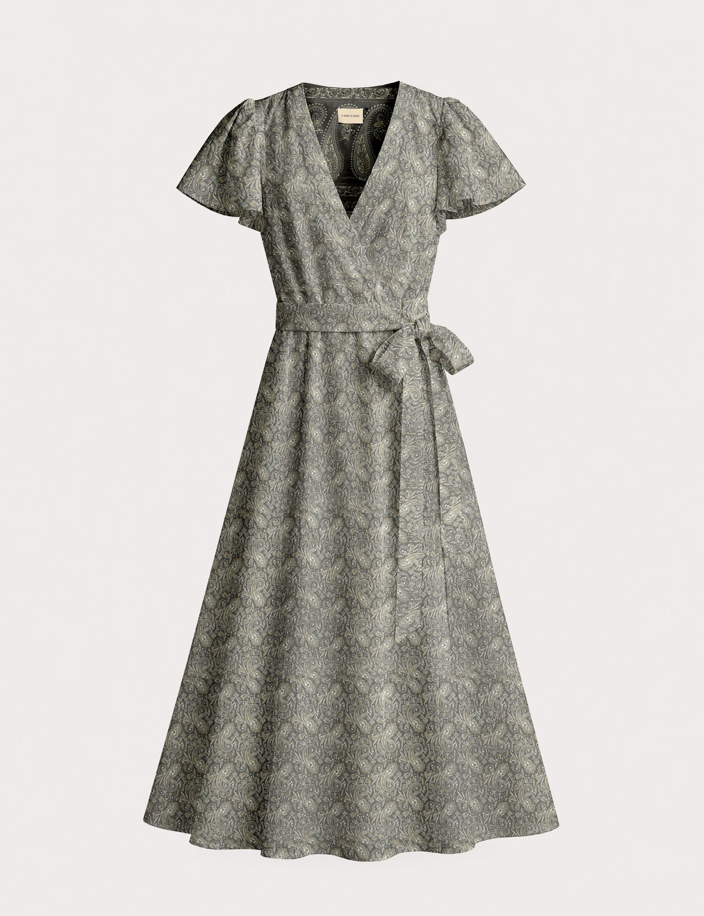 Elegant midi wrap dress with a V-neckline, adjustable waist tie, fitted bodice, and flared skirt for a timeless, flattering silhouette.
