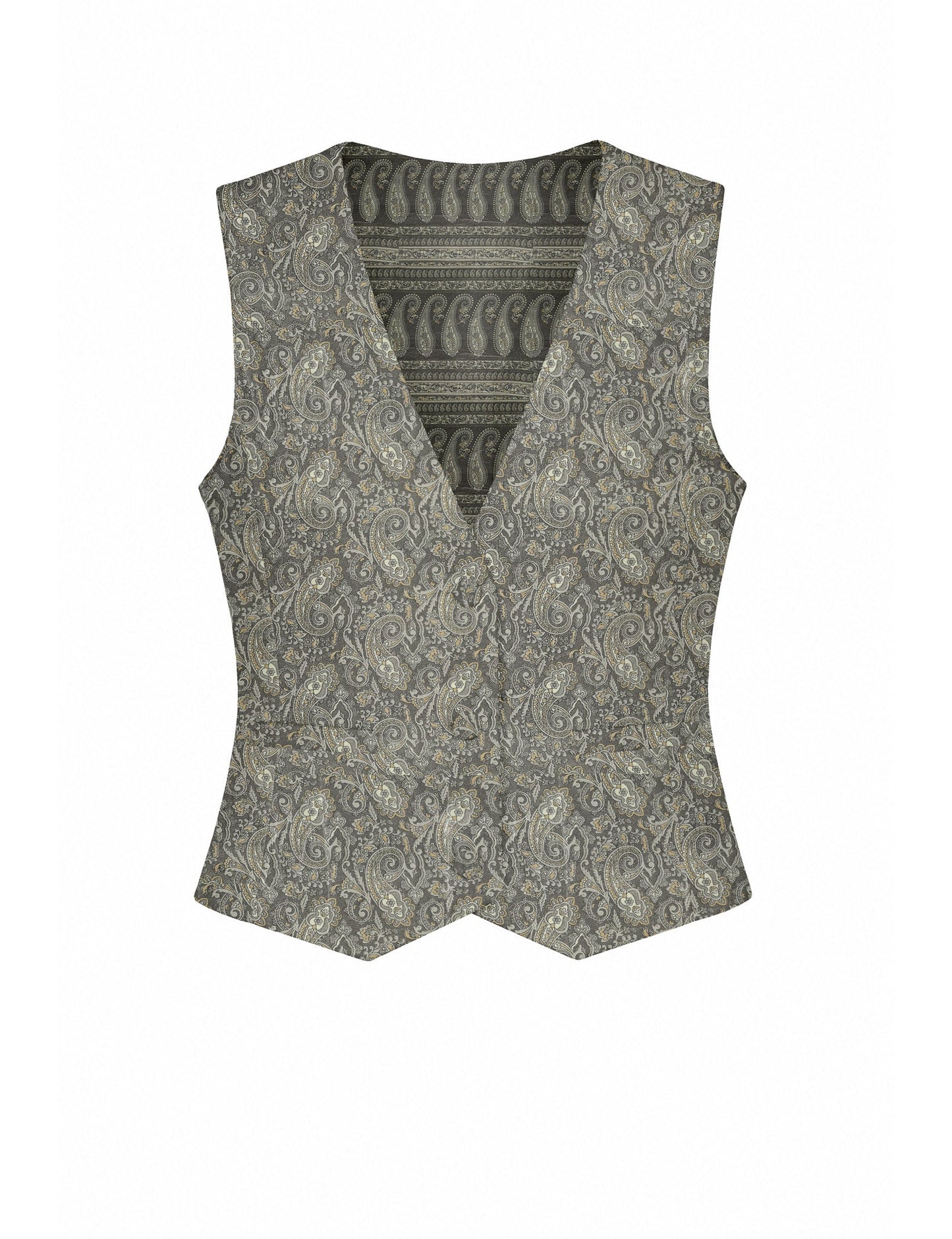 Women's fitted waistcoat with V-neck, single-breasted button closure, tailored silhouette, and pointed hem in sustainable fashion.