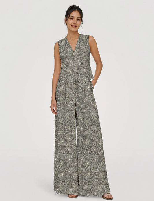 Women's tailored waistcoat set with a sleeveless V-neck button-front waistcoat and high-rise wide leg trousers in a coordinated matching outfit.