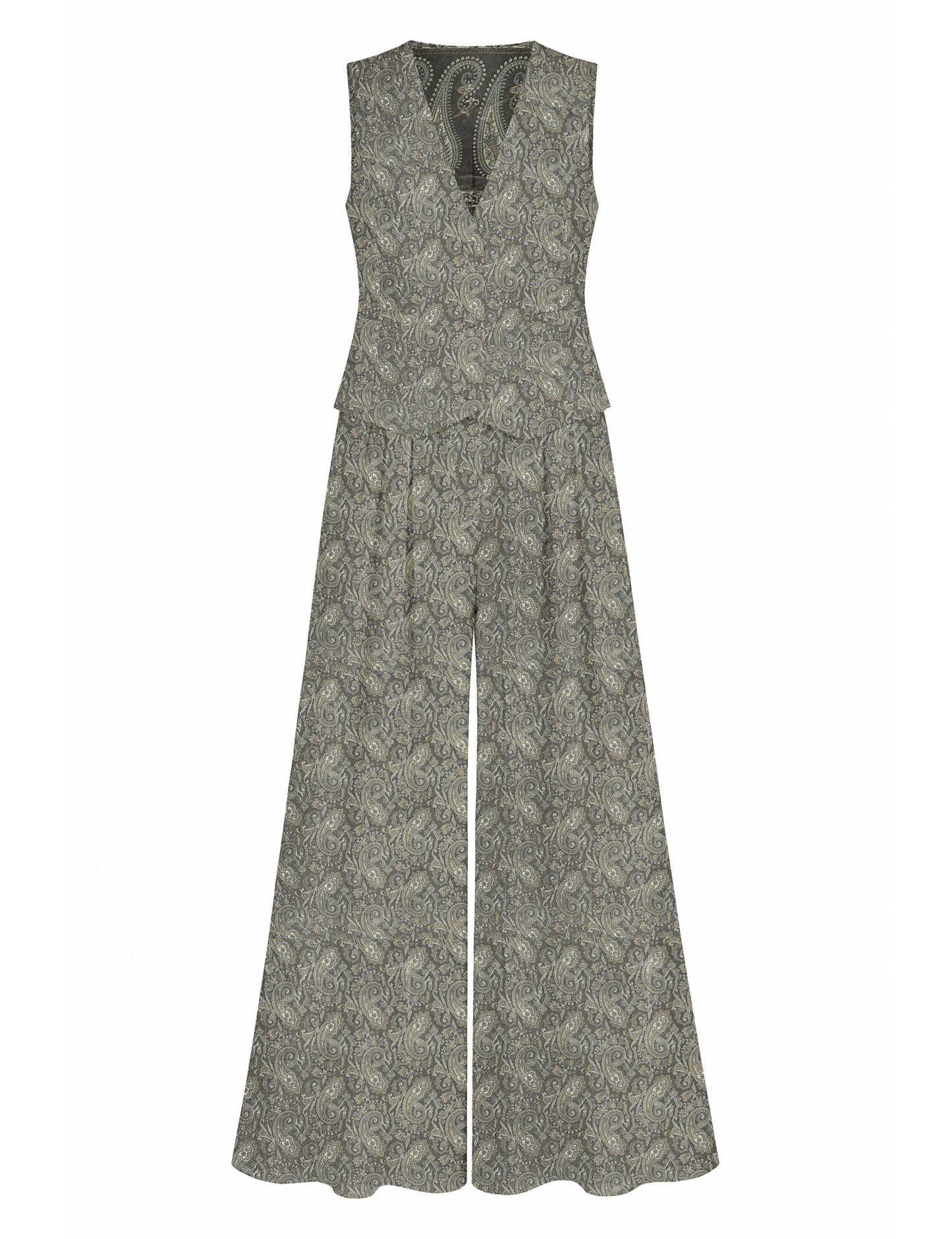 Women's tailored waistcoat set with a sleeveless V-neck button-front waistcoat and high-rise wide leg trousers in a coordinated matching outfit.