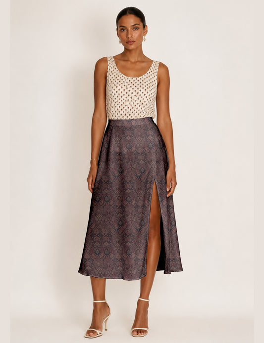 A line skirt with slit - Grey Paisley