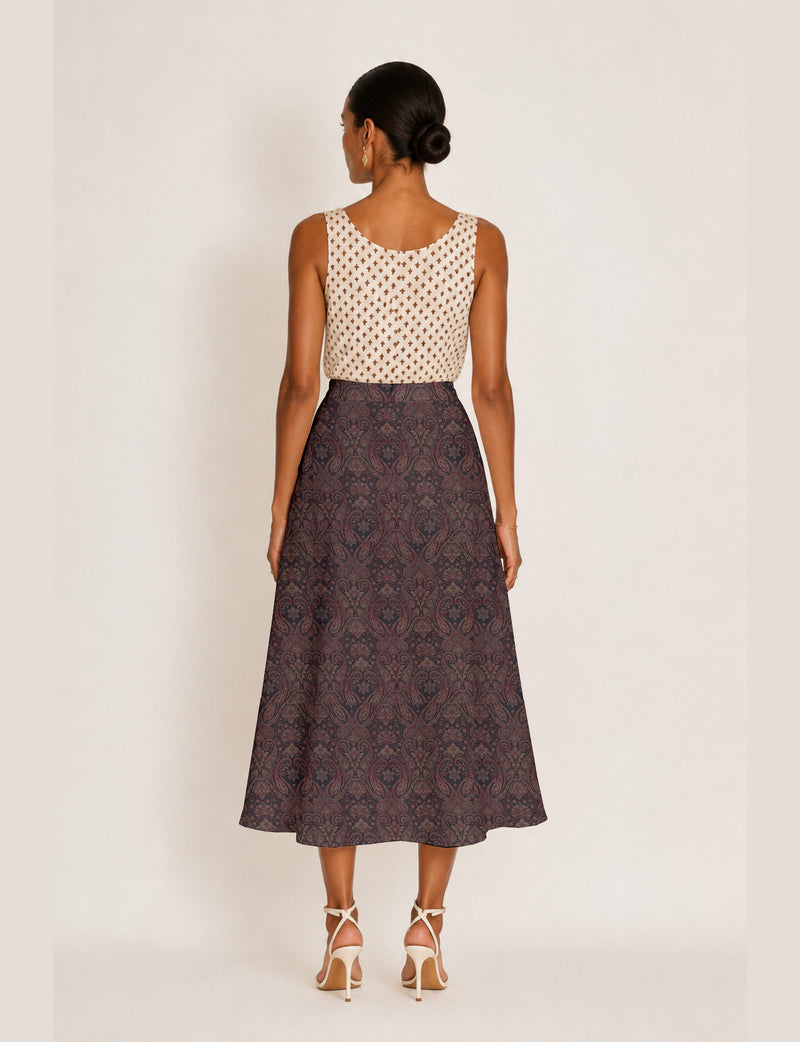 A line skirt with slit - Grey Paisley